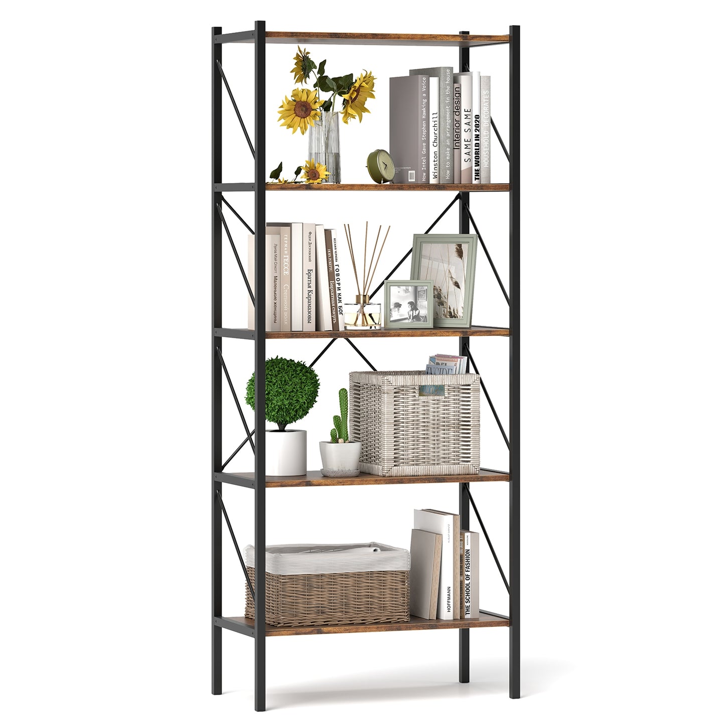 5-Tier Bookshelf with Open Shelves and Heavy Duty Metal Frame-Rustic Brown Kids Crystal