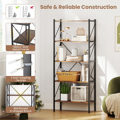 5-Tier Bookshelf with Open Shelves and Heavy Duty Metal Frame-Rustic Brown