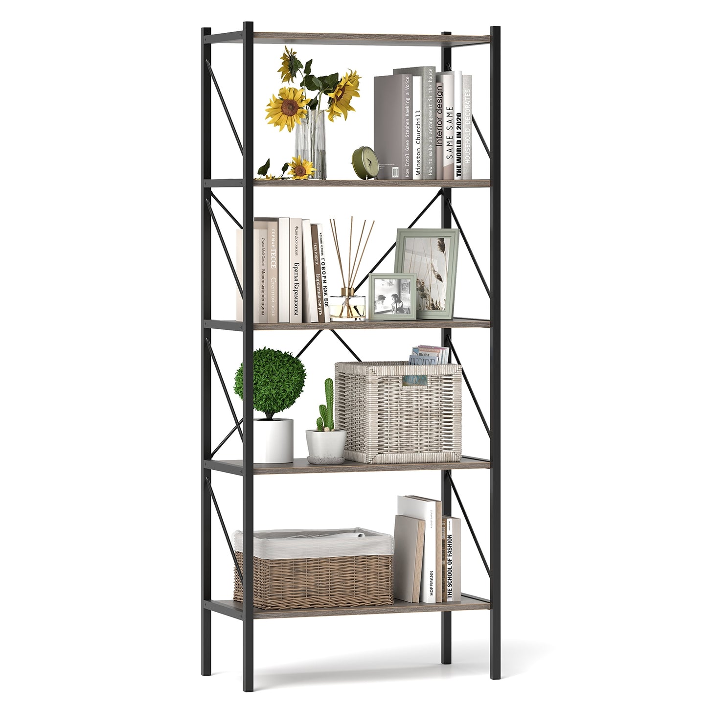 5-Tier Bookshelf with Open Shelves and Heavy Duty Metal Frame-Gray Kids Crystal