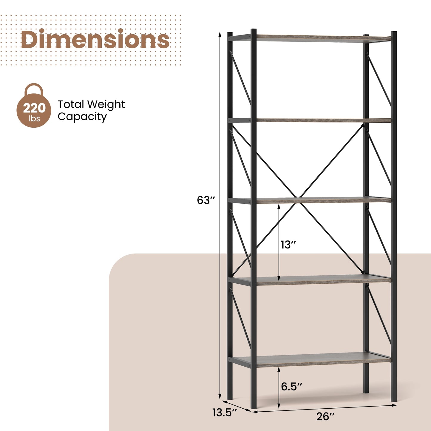 5-Tier Bookshelf with Open Shelves and Heavy Duty Metal Frame-Gray Kids Crystal
