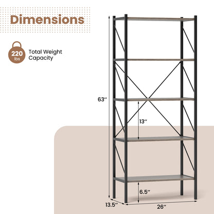 5-Tier Bookshelf with Open Shelves and Heavy Duty Metal Frame-Gray