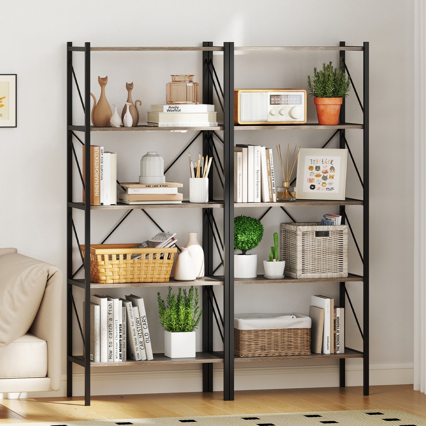 5-Tier Bookshelf with Open Shelves and Heavy Duty Metal Frame-Gray Kids Crystal
