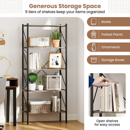 5-Tier Bookshelf with Open Shelves and Heavy Duty Metal Frame-Gray