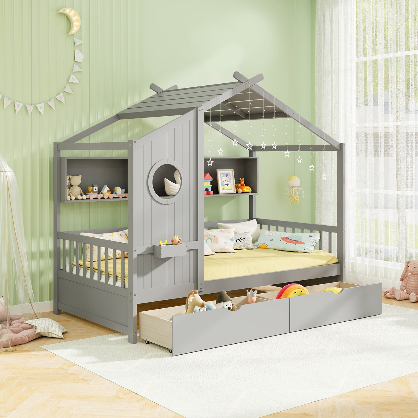 Twin Size House Bed with 2 Storage Drawers and Fence Guardrails-Gray Kids Crystal