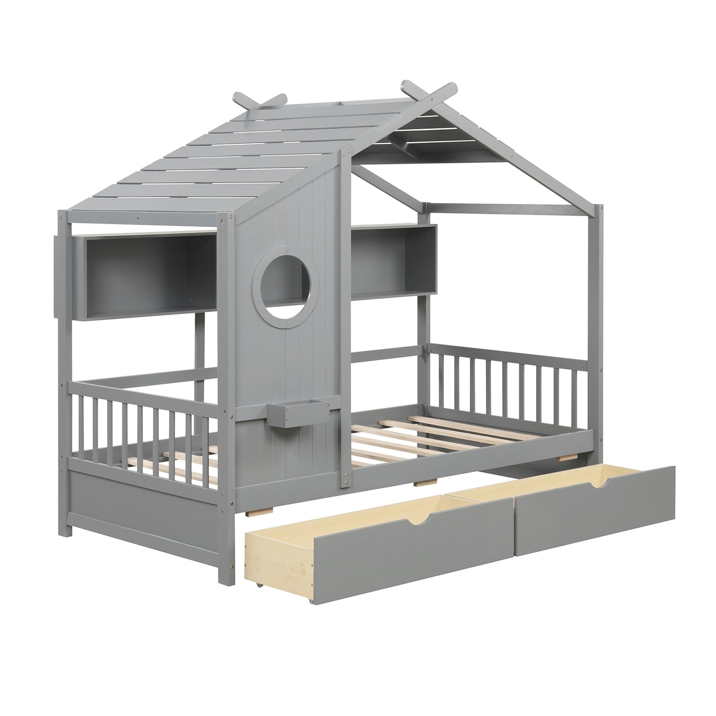 Twin Size House Bed with 2 Storage Drawers and Fence Guardrails-Gray Kids Crystal