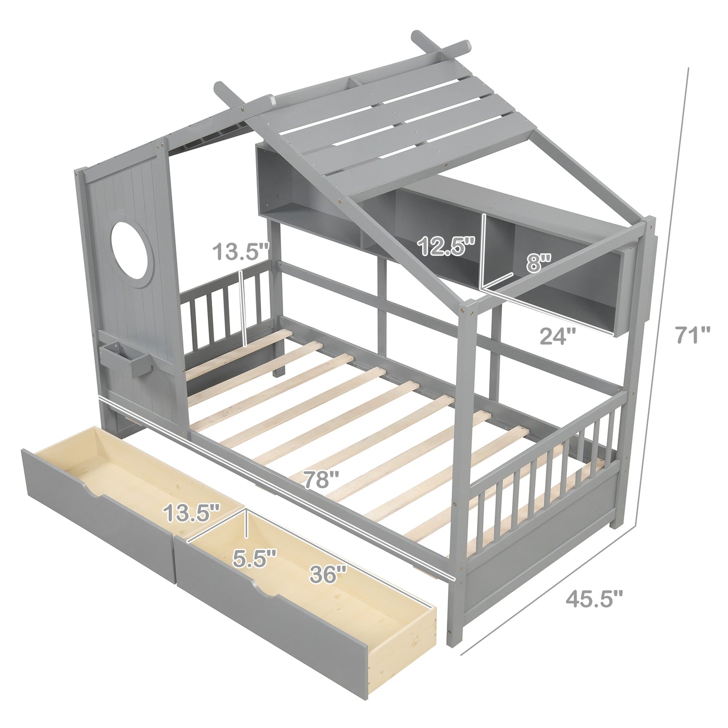 Twin Size House Bed with 2 Storage Drawers and Fence Guardrails-Gray Kids Crystal