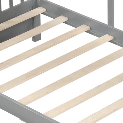 Twin Size House Bed with 2 Storage Drawers and Fence Guardrails-Gray