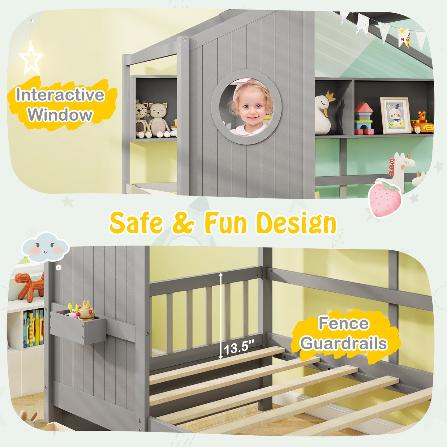 Twin Size House Bed with 2 Storage Drawers and Fence Guardrails-Gray Kids Crystal