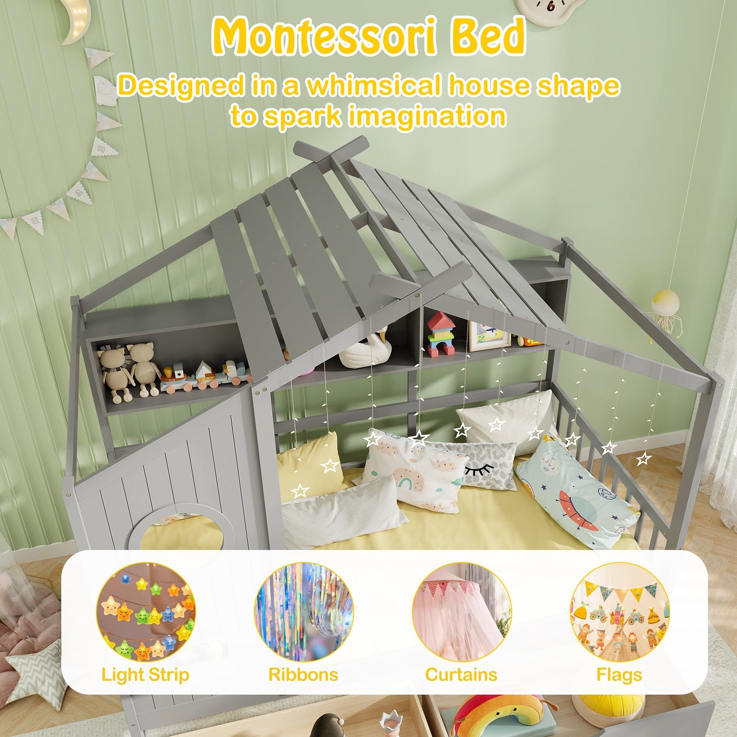 Twin Size House Bed with 2 Storage Drawers and Fence Guardrails-Gray Kids Crystal