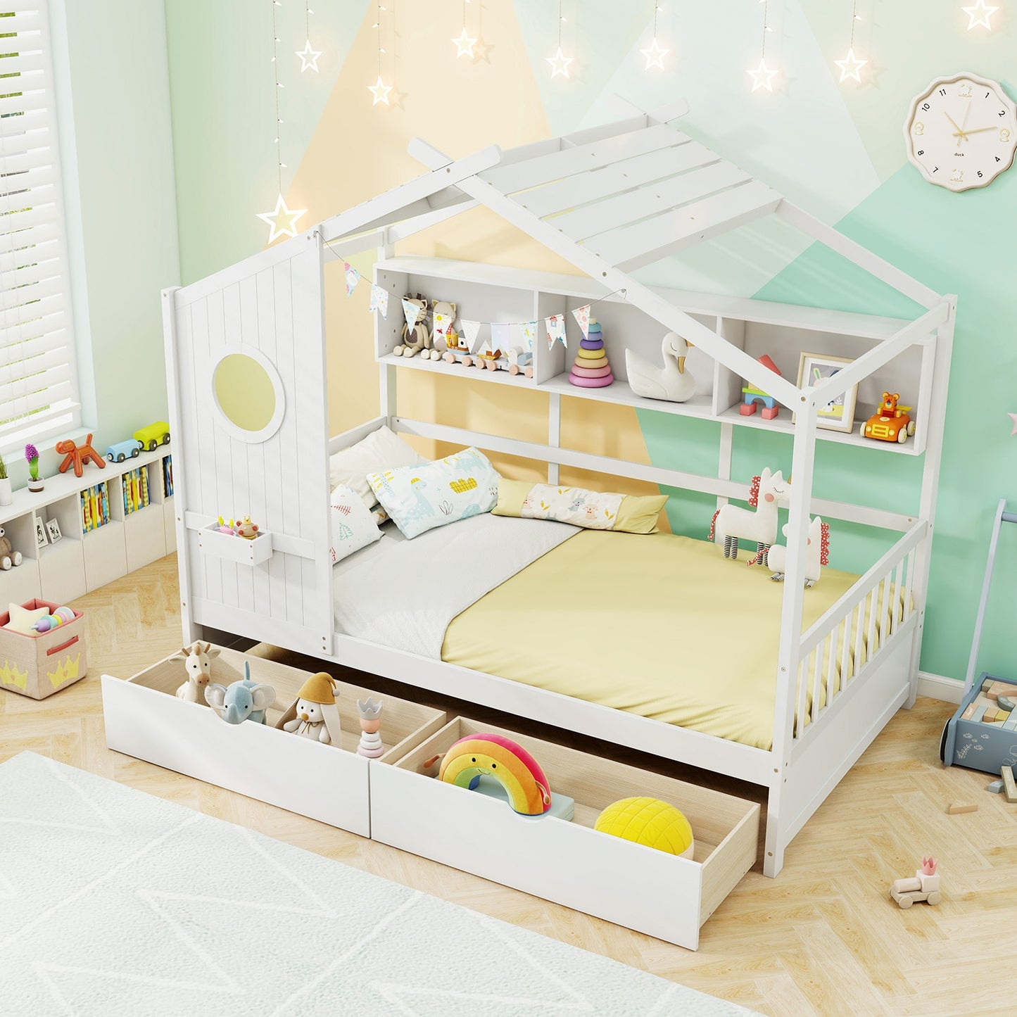 Twin Size House Bed with 2 Storage Drawers and Fence Guardrails-White Kids Crystal