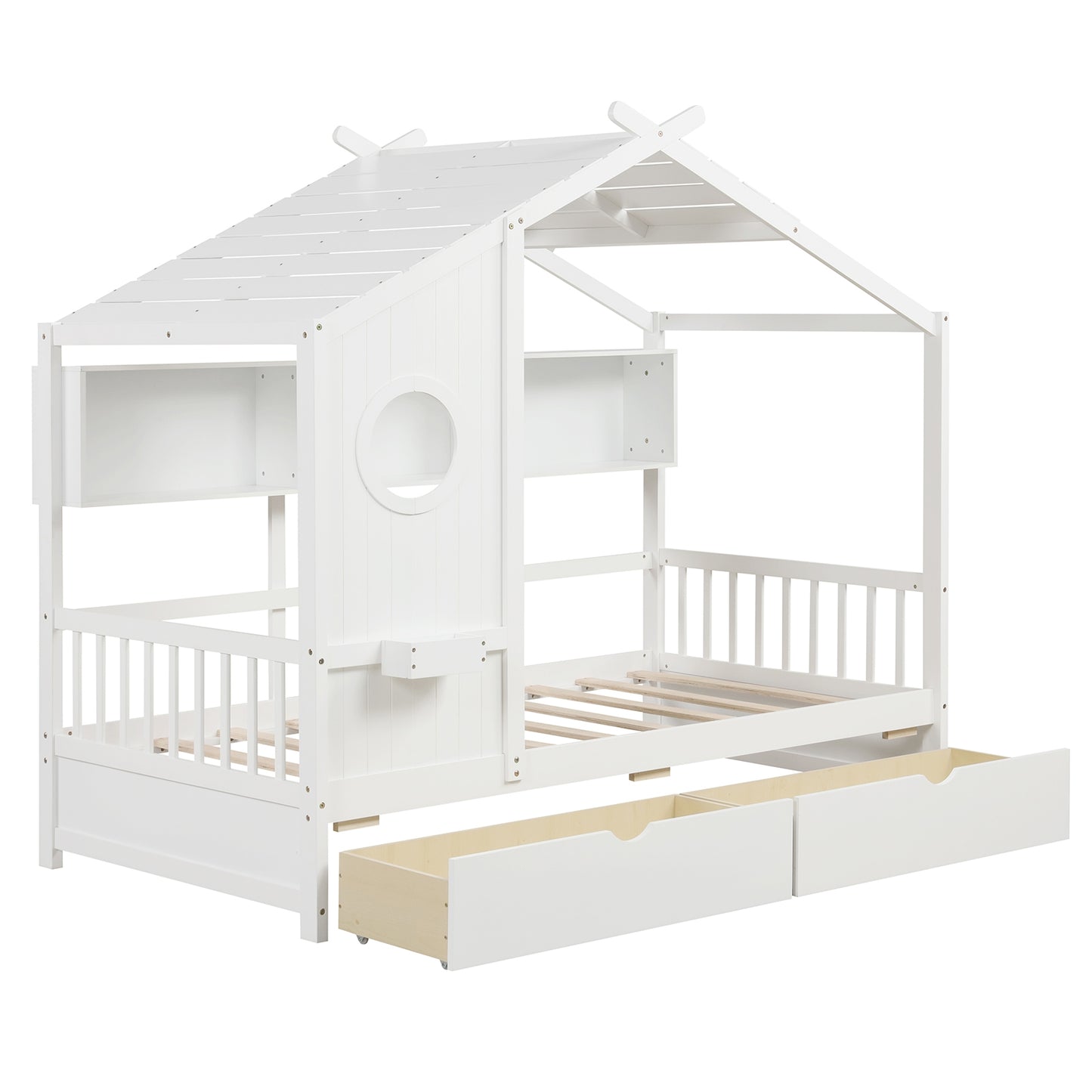 Twin Size House Bed with 2 Storage Drawers and Fence Guardrails-White Kids Crystal