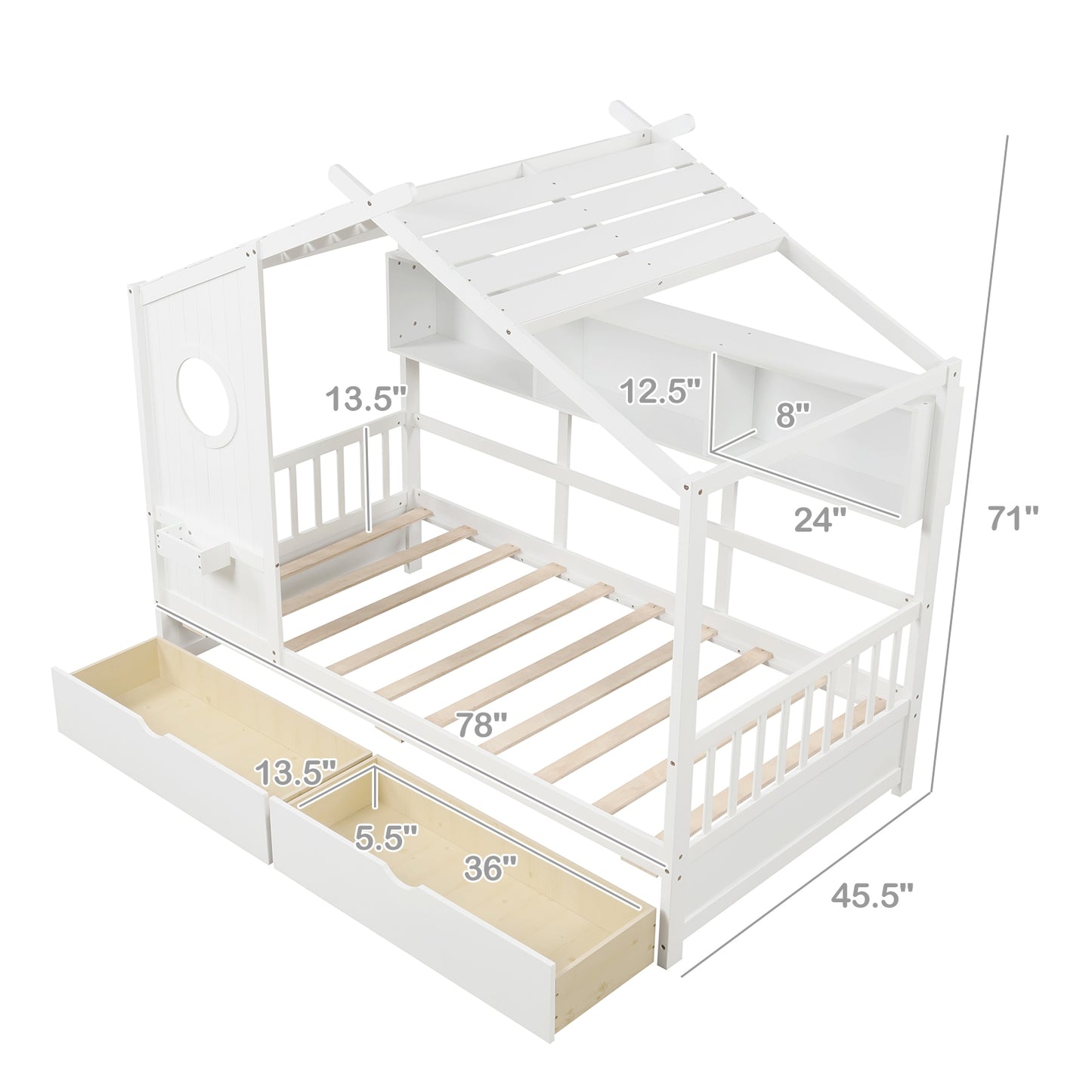 Twin Size House Bed with 2 Storage Drawers and Fence Guardrails-White Kids Crystal