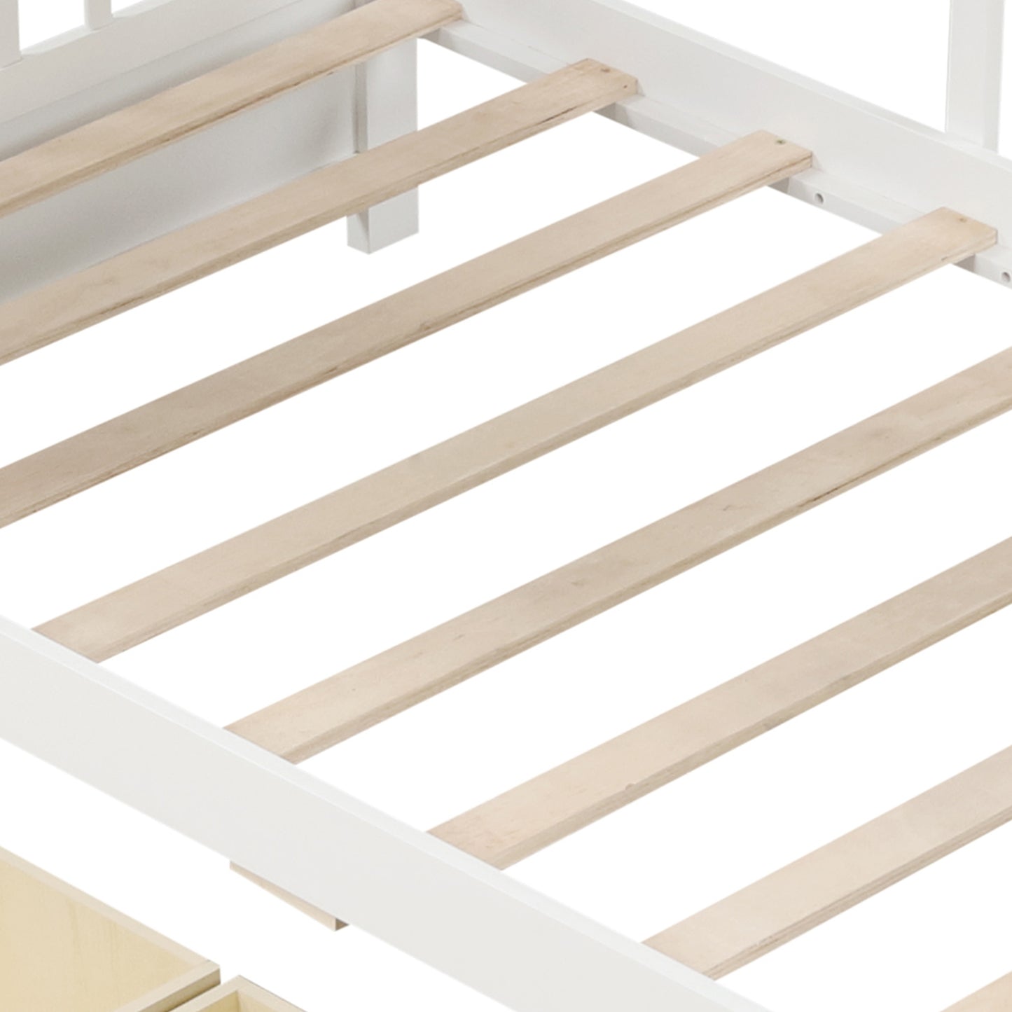 Twin Size House Bed with 2 Storage Drawers and Fence Guardrails-White Kids Crystal