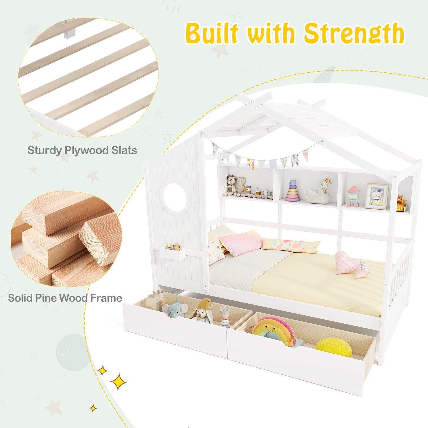 Twin Size House Bed with 2 Storage Drawers and Fence Guardrails-White Kids Crystal