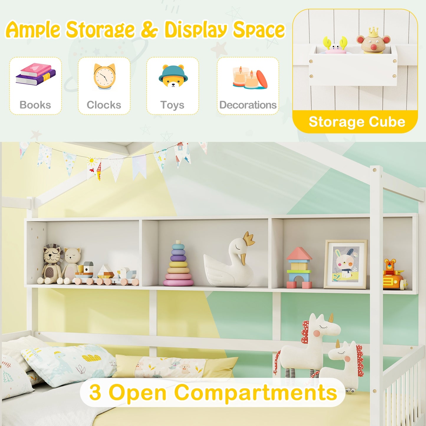 Twin Size House Bed with 2 Storage Drawers and Fence Guardrails-White Kids Crystal