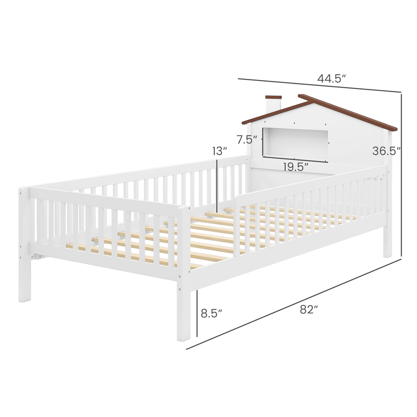 Twin Size Kids Montessori Bed with House-Shaped Headboard and Built-in Storage Shelf-White Kids Crystal