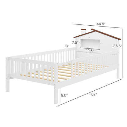 Twin Size Kids Montessori Bed with House-Shaped Headboard and Built-in Storage Shelf-White