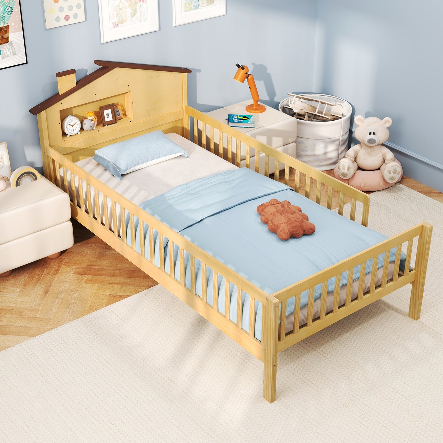 Twin Size Kids Montessori Bed with House-Shaped Headboard and Built-in Storage Shelf-Natural Kids Crystal