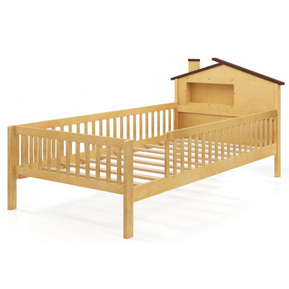 Twin Size Kids Montessori Bed with House-Shaped Headboard and Built-in Storage Shelf-Natural