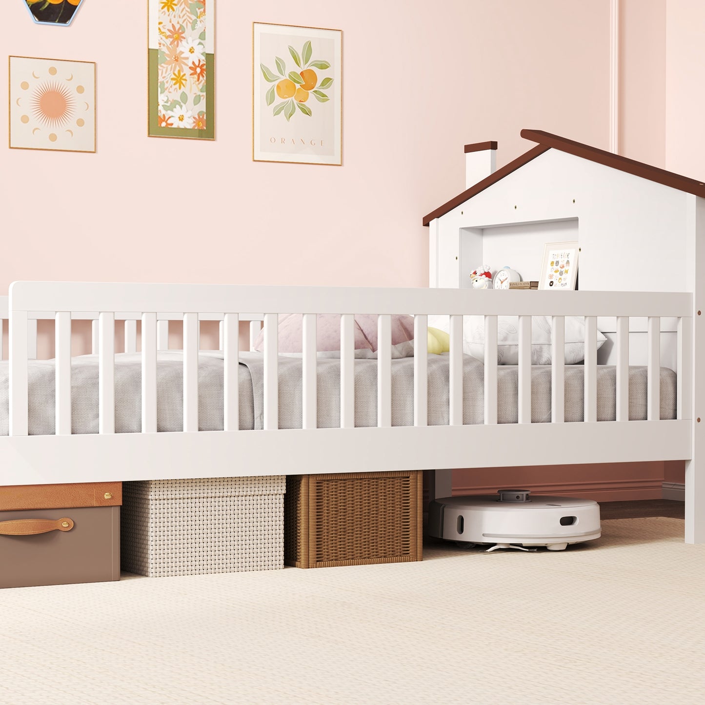 Twin Size Kids Montessori Bed with House-Shaped Headboard and Built-in Storage Shelf-White Kids Crystal