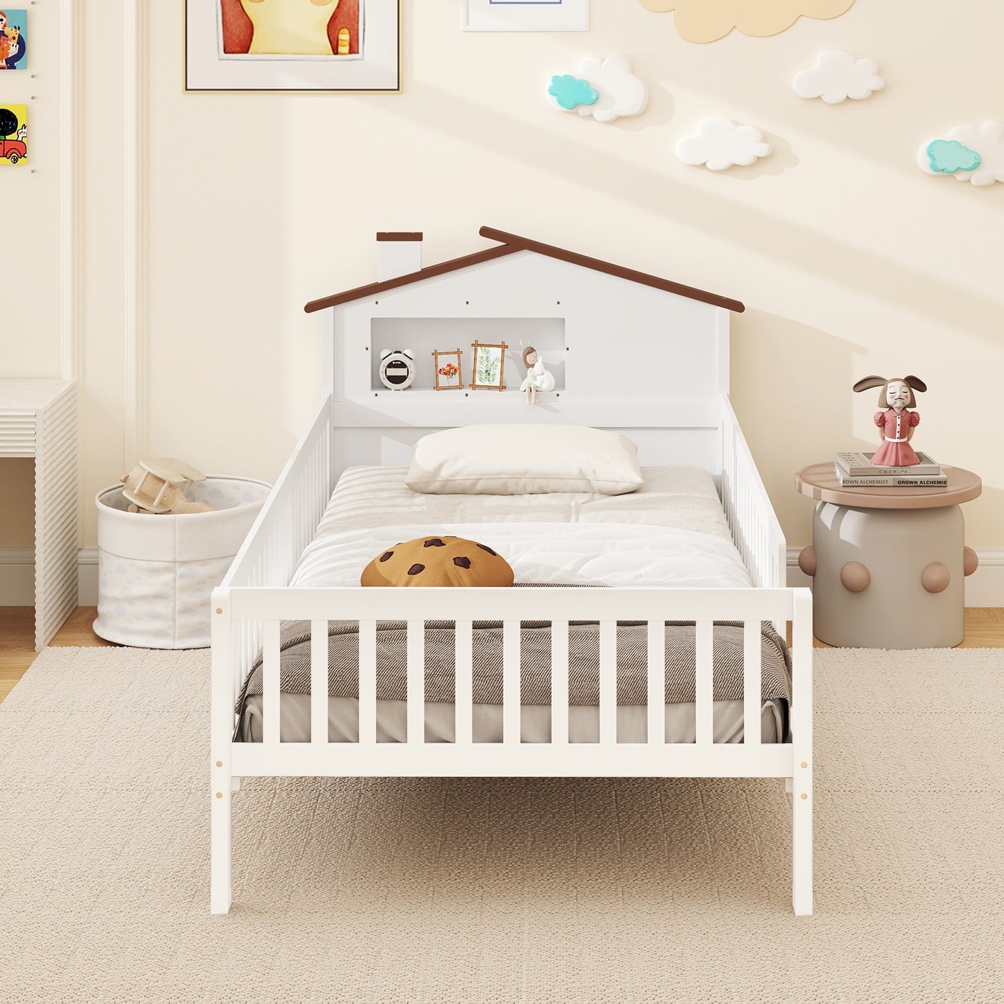 Twin Size Kids Montessori Bed with House-Shaped Headboard and Built-in Storage Shelf-White Kids Crystal