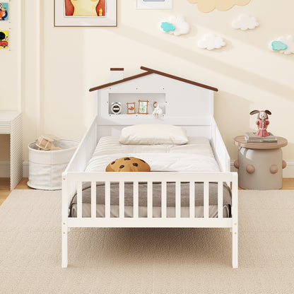 Twin Size Kids Montessori Bed with House-Shaped Headboard and Built-in Storage Shelf-White