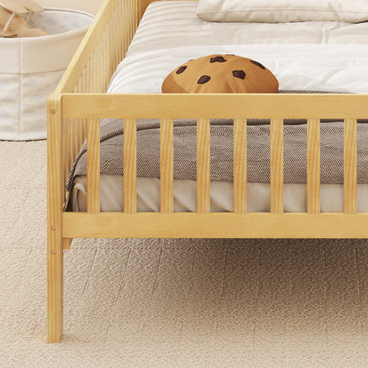 Twin Size Kids Montessori Bed with House-Shaped Headboard and Built-in Storage Shelf-Natural