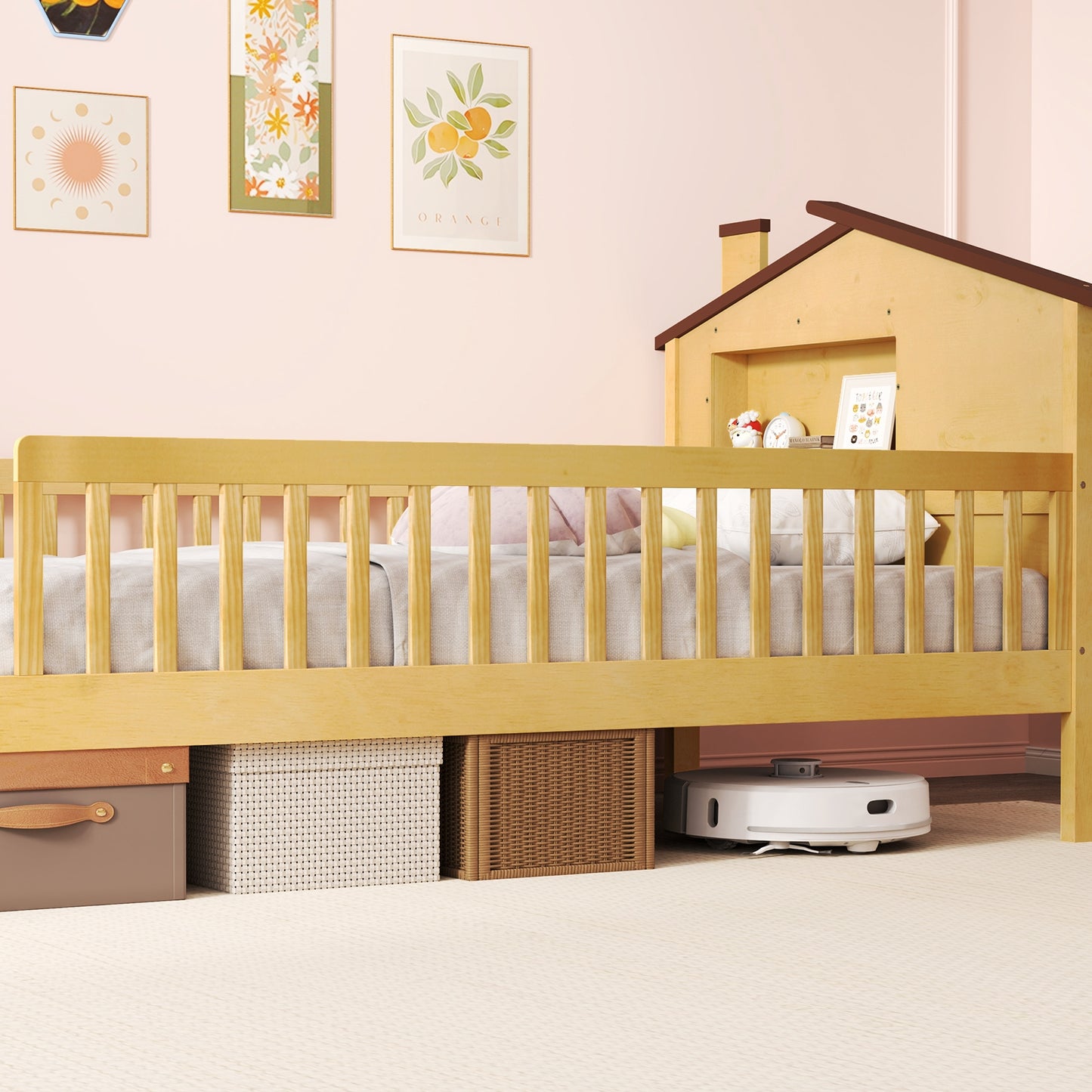 Twin Size Kids Montessori Bed with House-Shaped Headboard and Built-in Storage Shelf-Natural Kids Crystal