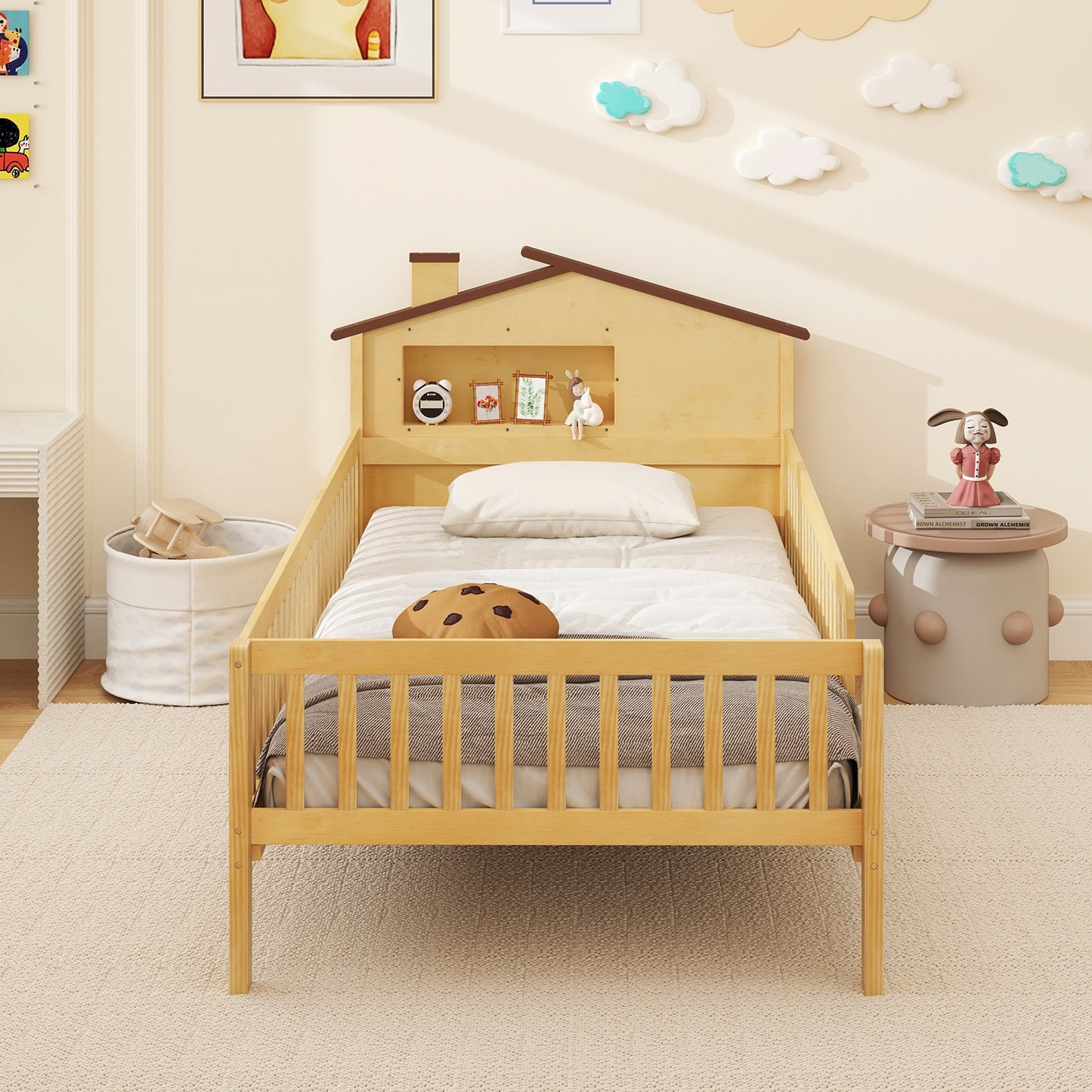 Twin Size Kids Montessori Bed with House-Shaped Headboard and Built-in Storage Shelf-Natural Kids Crystal