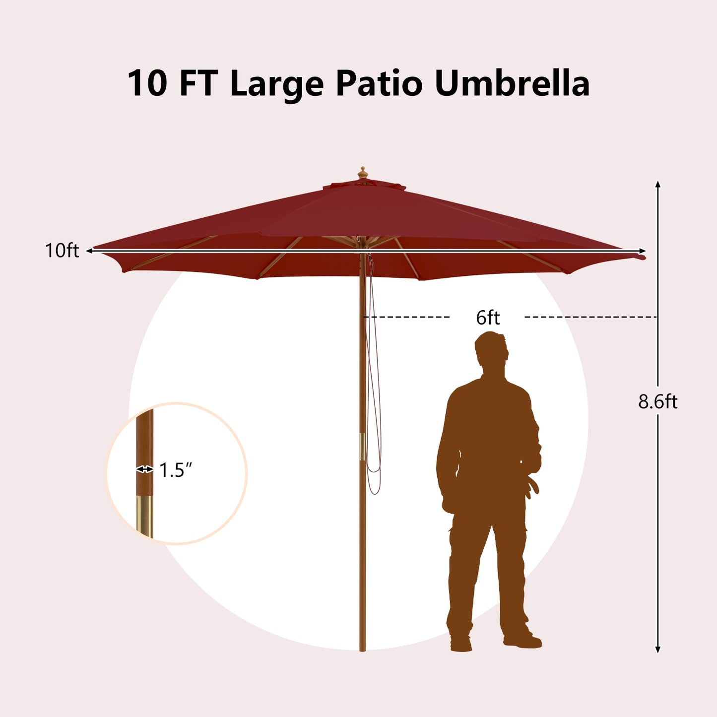10 Feet Patio Umbrella with 8 Wooden Ribs and 3 Adjustable Heights-Wine Kids Crystal