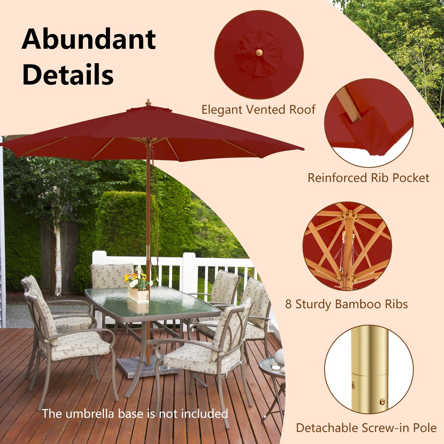 10 Feet Patio Umbrella with 8 Wooden Ribs and 3 Adjustable Heights-Wine Kids Crystal