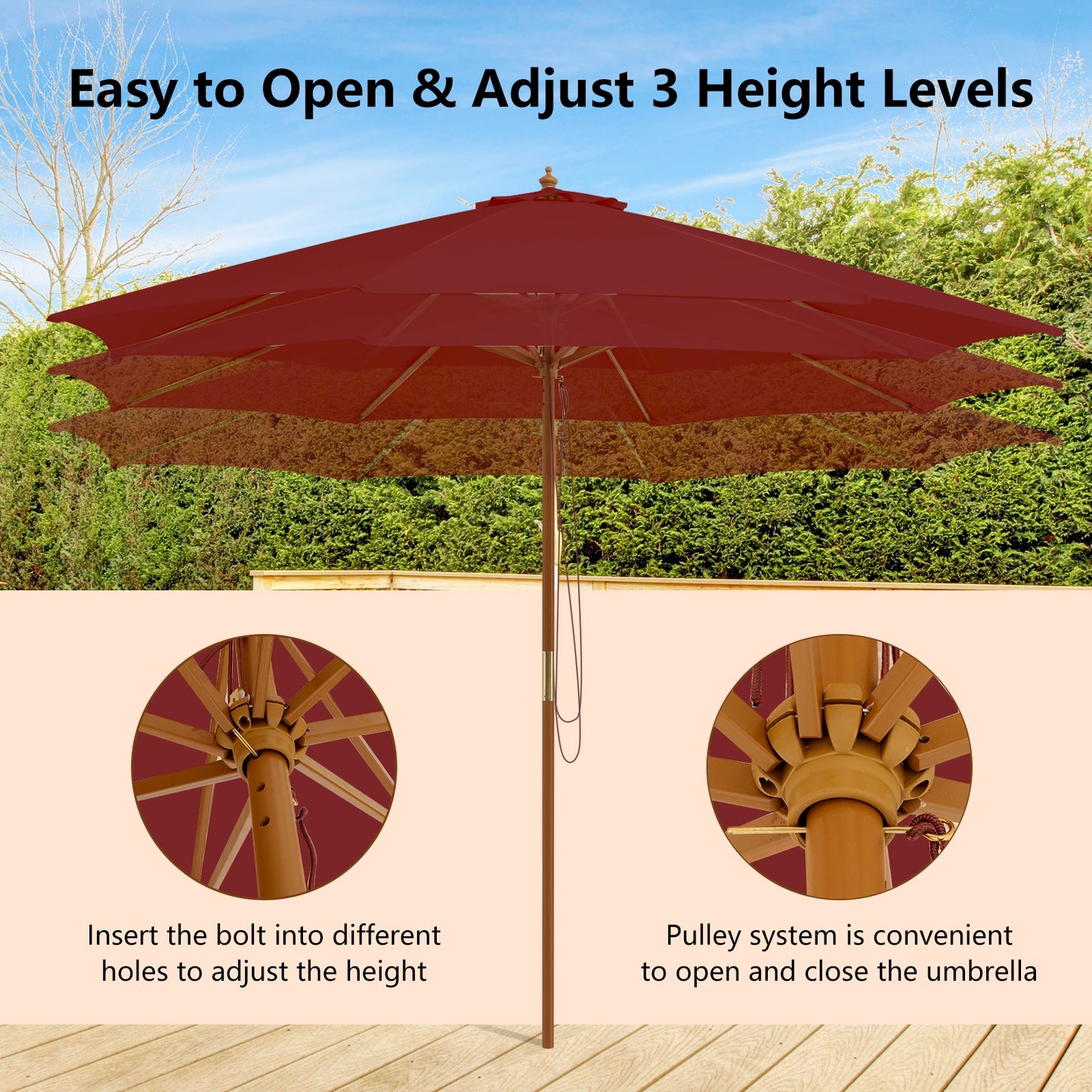 10 Feet Patio Umbrella with 8 Wooden Ribs and 3 Adjustable Heights-Wine Kids Crystal