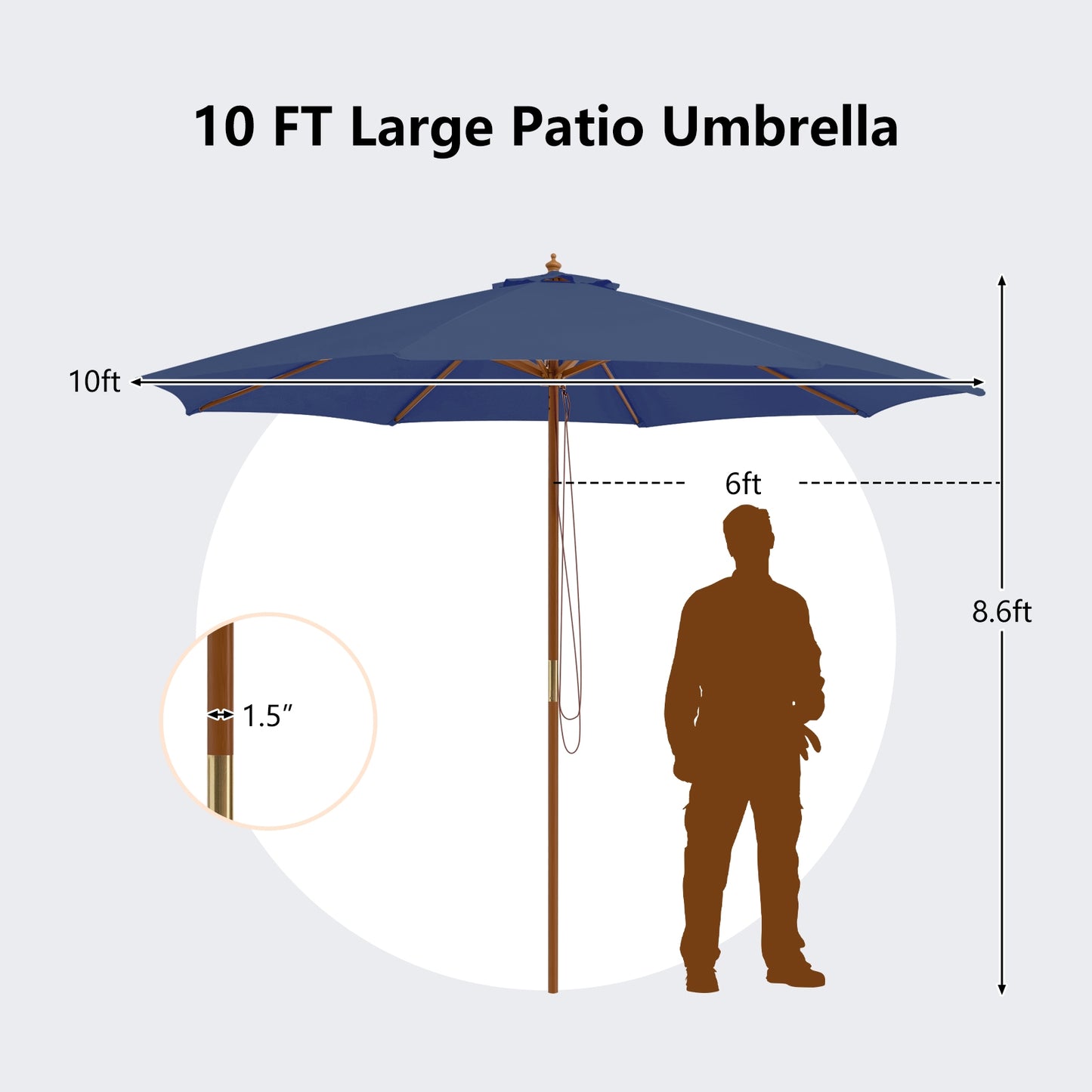 10 Feet Patio Umbrella with 8 Wooden Ribs and 3 Adjustable Heights-Navy Kids Crystal