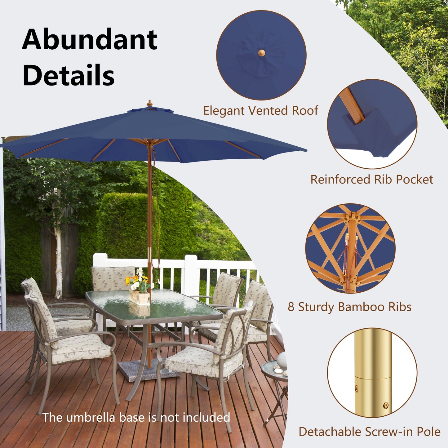 10 Feet Patio Umbrella with 8 Wooden Ribs and 3 Adjustable Heights-Navy Kids Crystal
