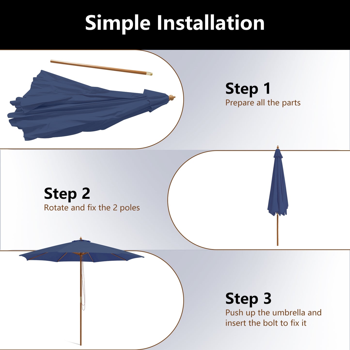 10 Feet Patio Umbrella with 8 Wooden Ribs and 3 Adjustable Heights-Navy Kids Crystal