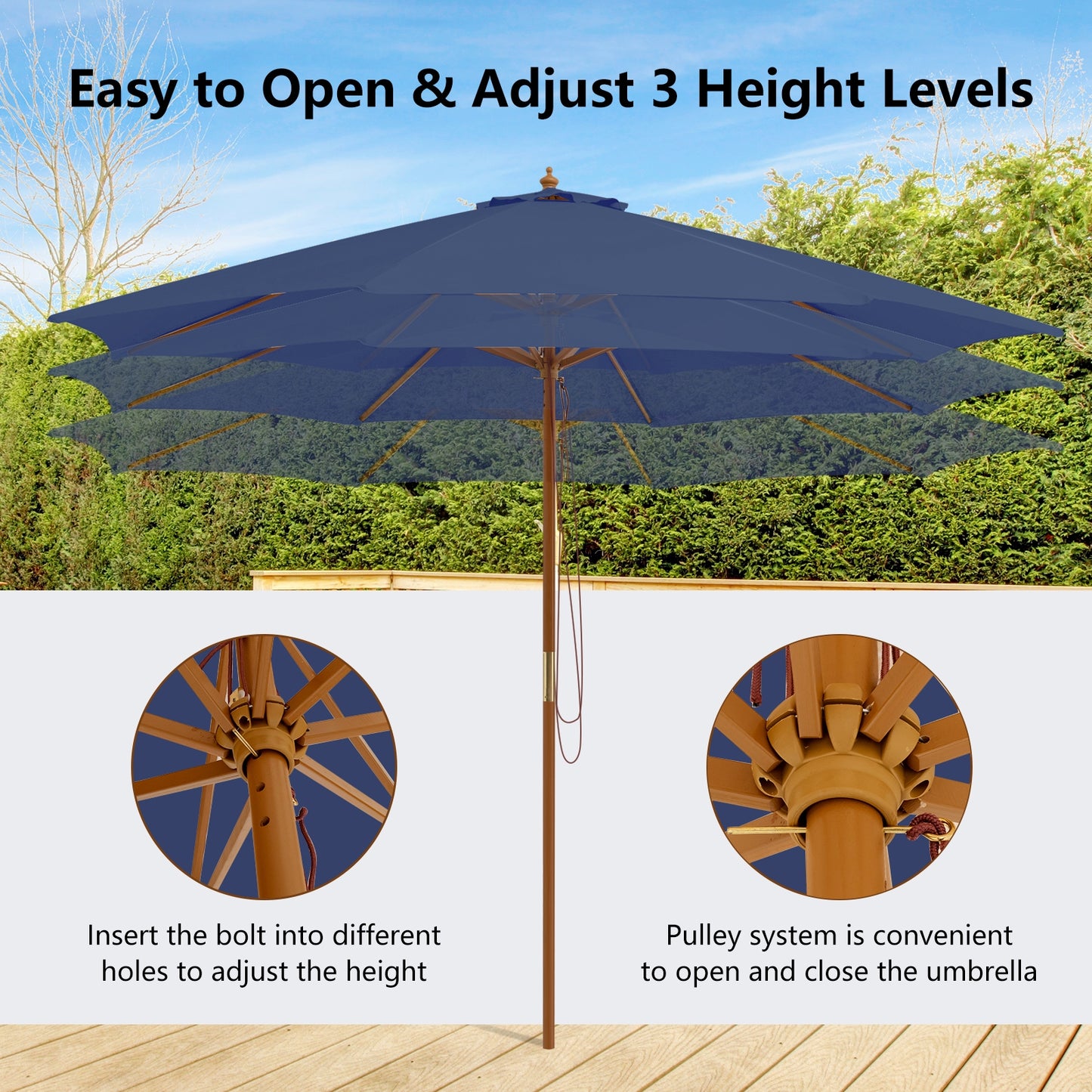 10 Feet Patio Umbrella with 8 Wooden Ribs and 3 Adjustable Heights-Navy Kids Crystal