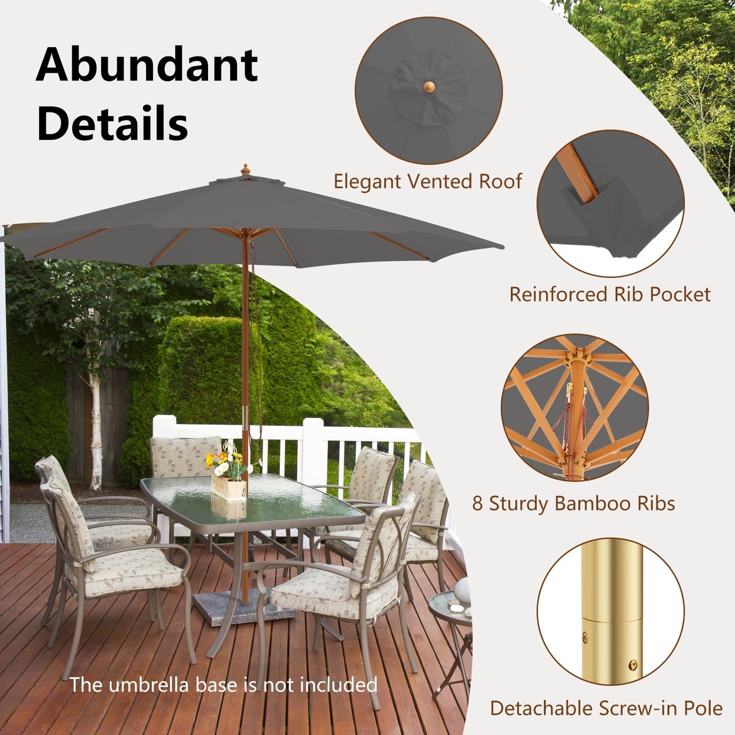 10 Feet Patio Umbrella with 8 Wooden Ribs and 3 Adjustable Heights-Gray Kids Crystal