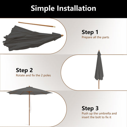 10 Feet Patio Umbrella with 8 Wooden Ribs and 3 Adjustable Heights-Gray