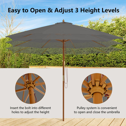 10 Feet Patio Umbrella with 8 Wooden Ribs and 3 Adjustable Heights-Gray
