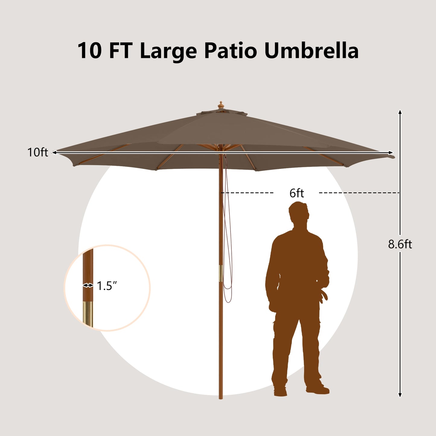 10 Feet Patio Umbrella with 8 Wooden Ribs and 3 Adjustable Heights-Brown Kids Crystal