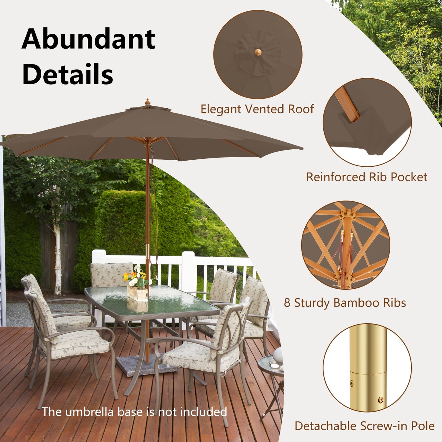 10 Feet Patio Umbrella with 8 Wooden Ribs and 3 Adjustable Heights-Brown Kids Crystal