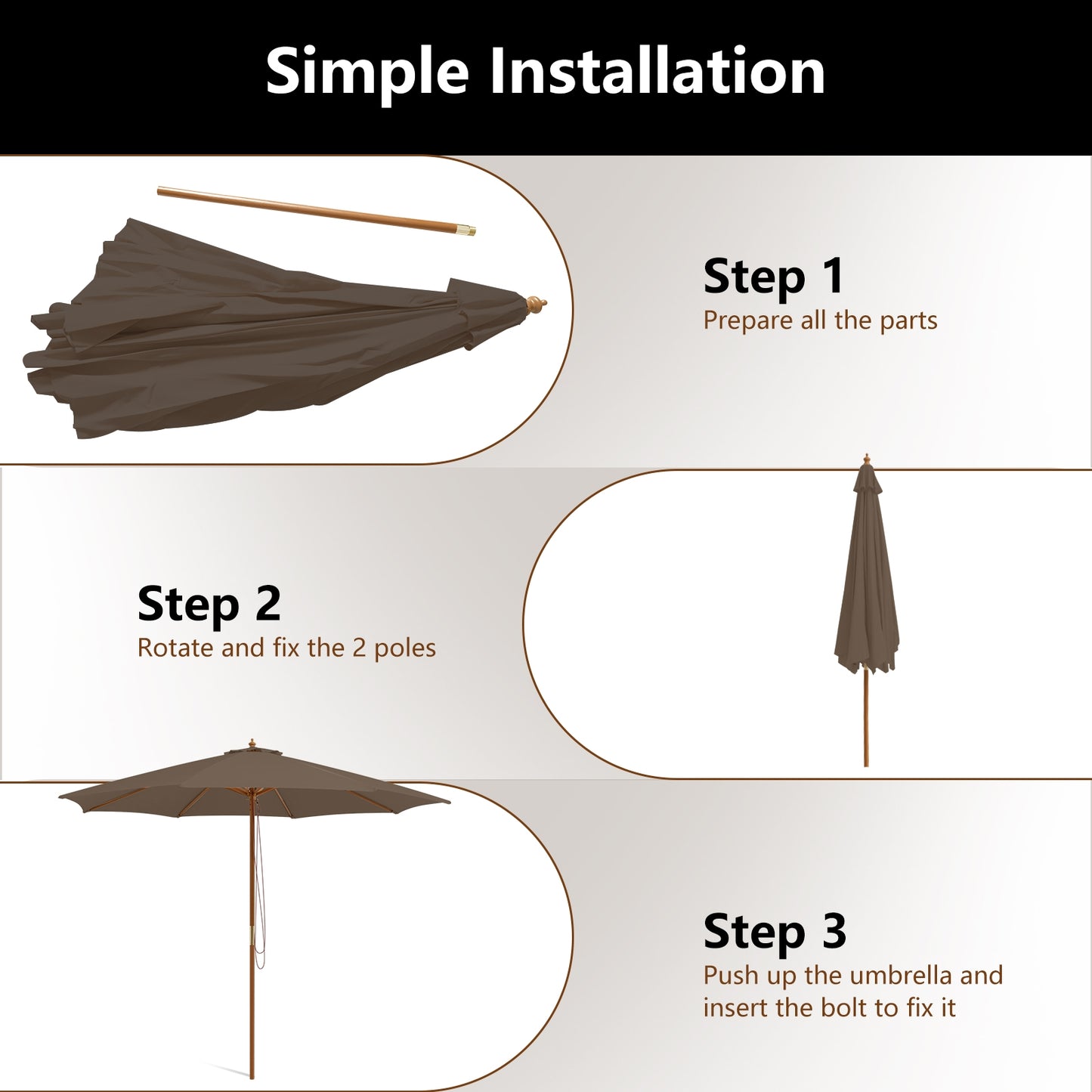 10 Feet Patio Umbrella with 8 Wooden Ribs and 3 Adjustable Heights-Brown Kids Crystal