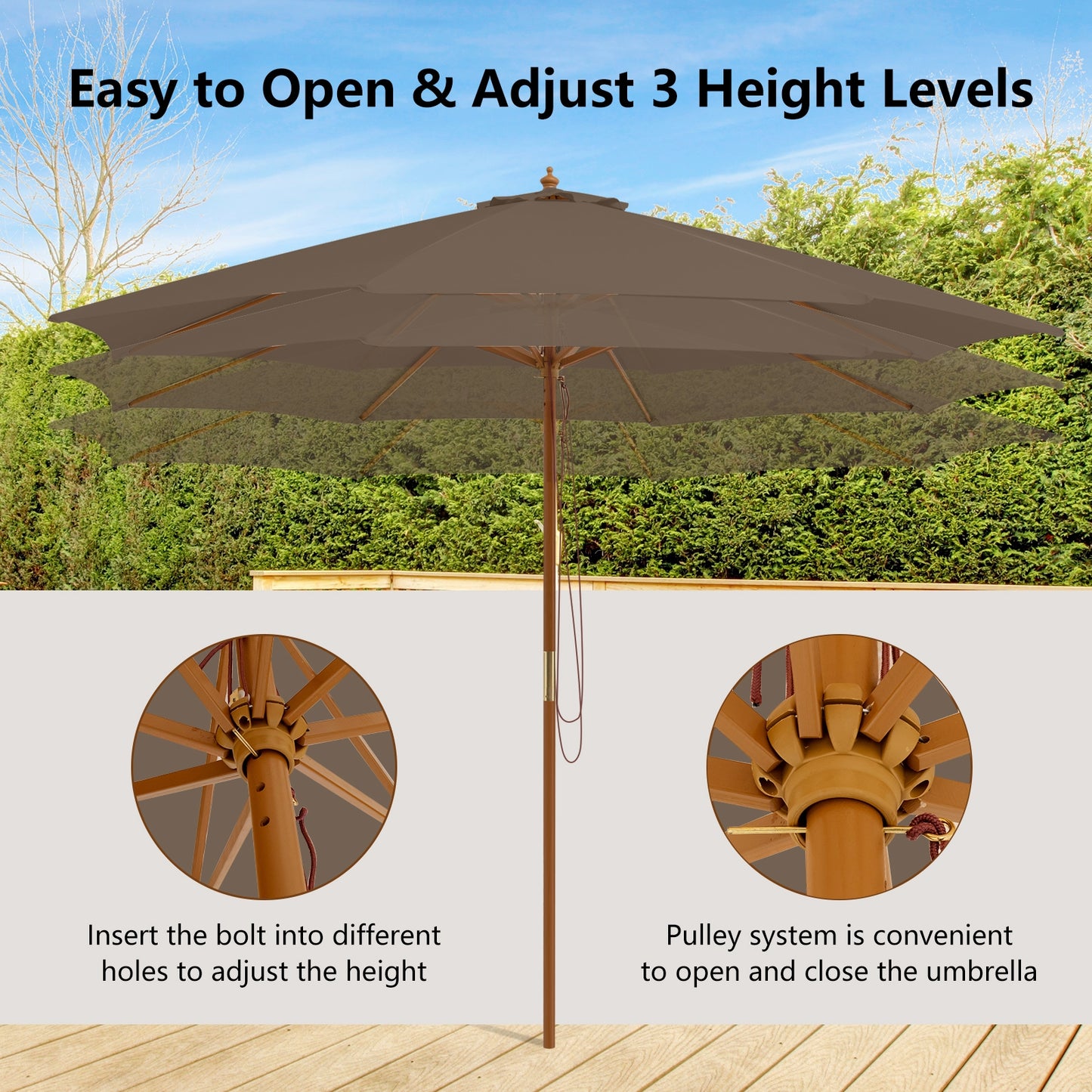 10 Feet Patio Umbrella with 8 Wooden Ribs and 3 Adjustable Heights-Brown Kids Crystal