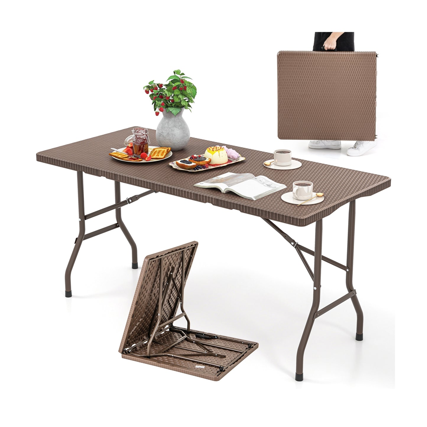 5FT Folding Picnic Table with Rattan Grain HDPE Tabletop and Sturdy Metal Fame-Coffee Kids Crystal
