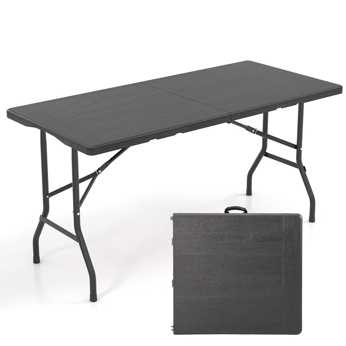 5FT Folding Picnic Table with Wood Grain HDPE Tabletop and Non-slip Foot Pads-Black Kids Crystal