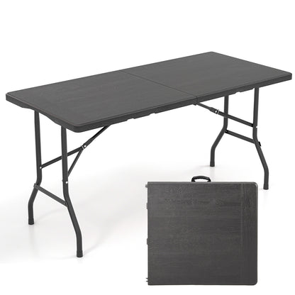 5FT Folding Picnic Table with Wood Grain HDPE Tabletop and Non-slip Foot Pads-Black