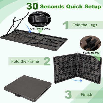 5FT Folding Picnic Table with Wood Grain HDPE Tabletop and Non-slip Foot Pads-Black