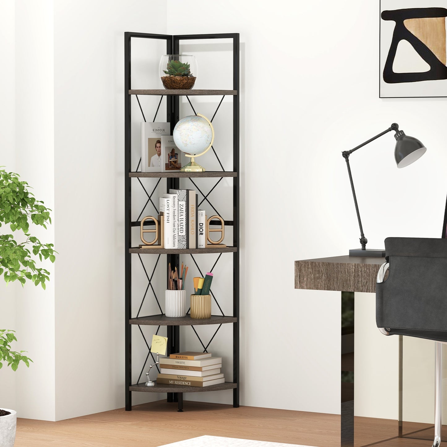 5-Tier Freestanding Corner Shelf 63 Inch Tall Storage Rack-Oak Kids Crystal