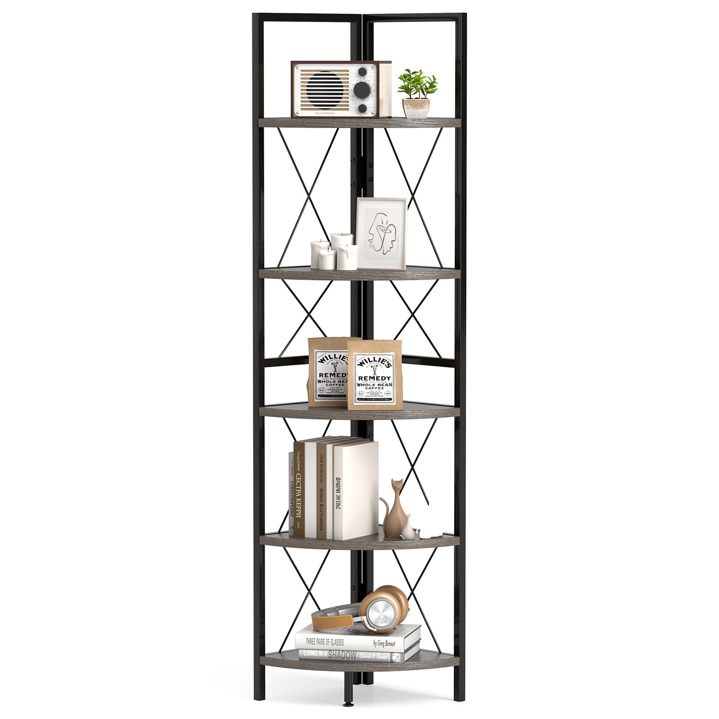 5-Tier Freestanding Corner Shelf 63 Inch Tall Storage Rack-Oak Kids Crystal
