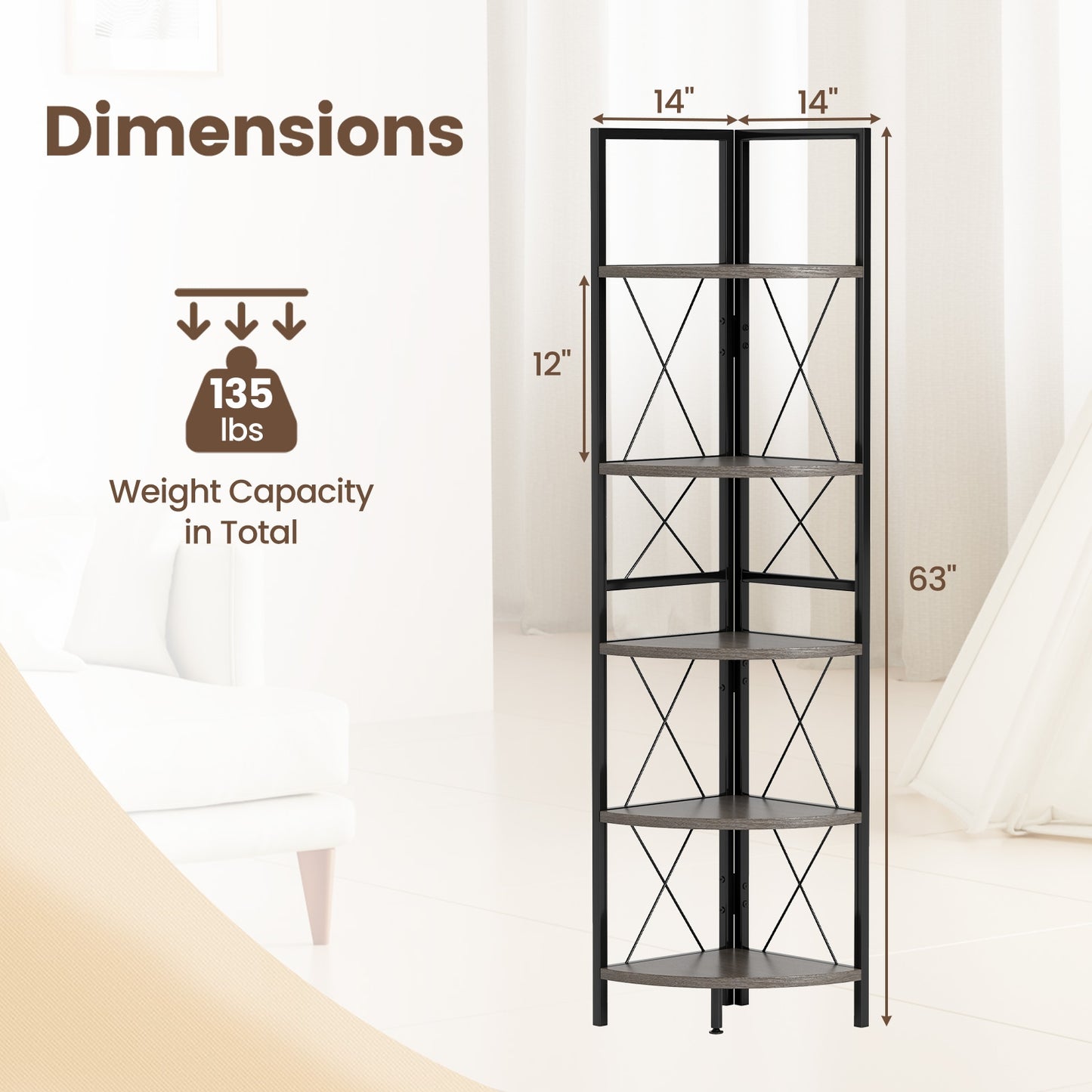 5-Tier Freestanding Corner Shelf 63 Inch Tall Storage Rack-Oak Kids Crystal